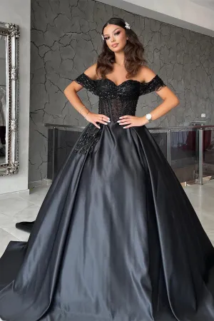 Beautiful Floor Length Sweetheart Off-The-Shoulder A-Line Satin Black Prom Dress with Beads