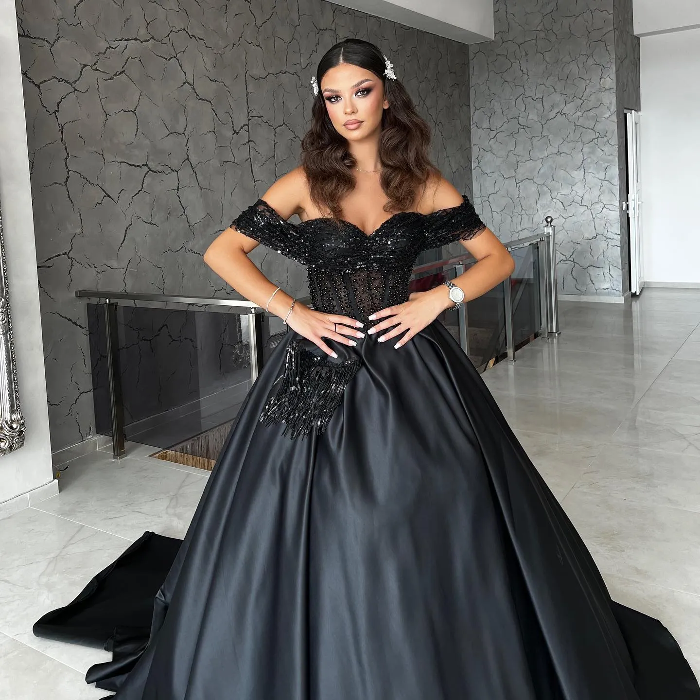 Beautiful Floor Length Sweetheart Off-The-Shoulder A-Line Satin Black Prom Dress with Beads