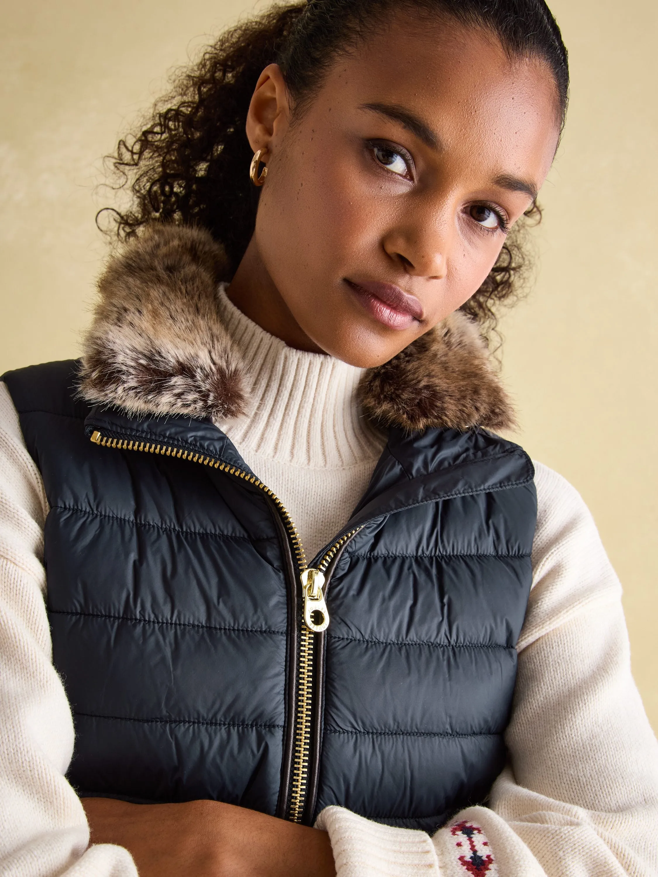 Beckley Navy Padded Showerproof Gilet With Detachable Faux Fur Collar