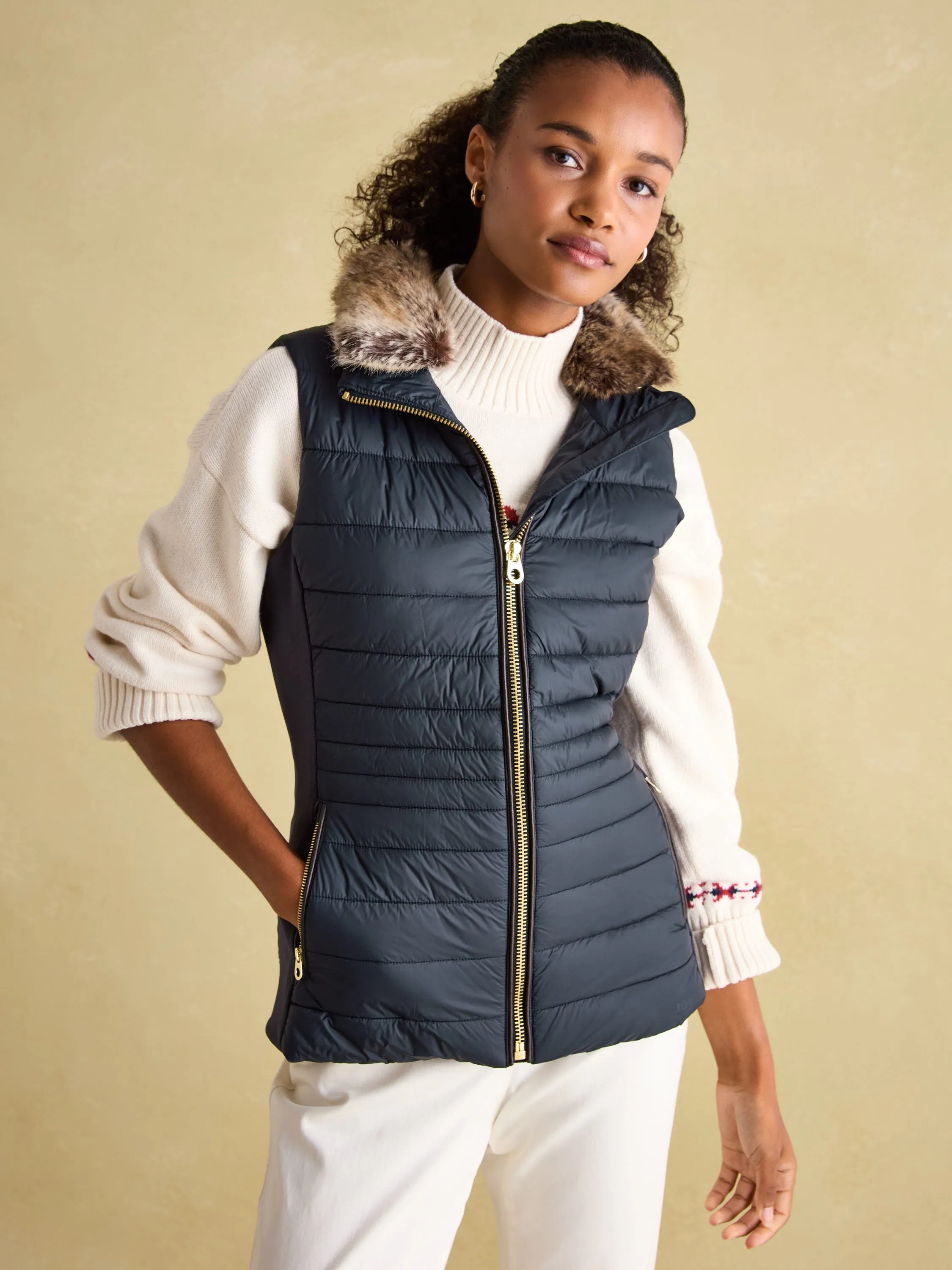 Beckley Navy Padded Showerproof Gilet With Detachable Faux Fur Collar