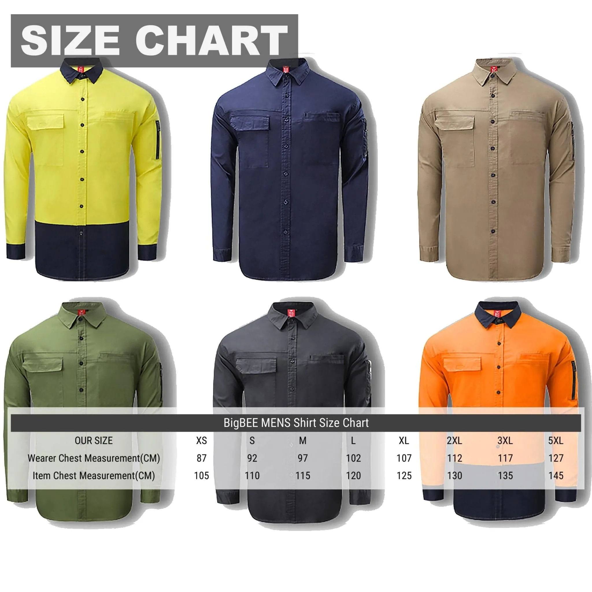 Big Bee PULSE Mens Hi-Vis Work Shirts, Stretch Cotton