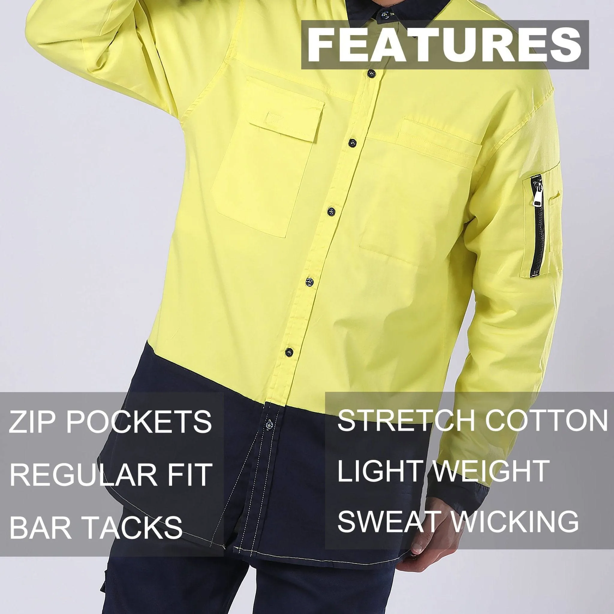 Big Bee PULSE Mens Hi-Vis Work Shirts, Stretch Cotton