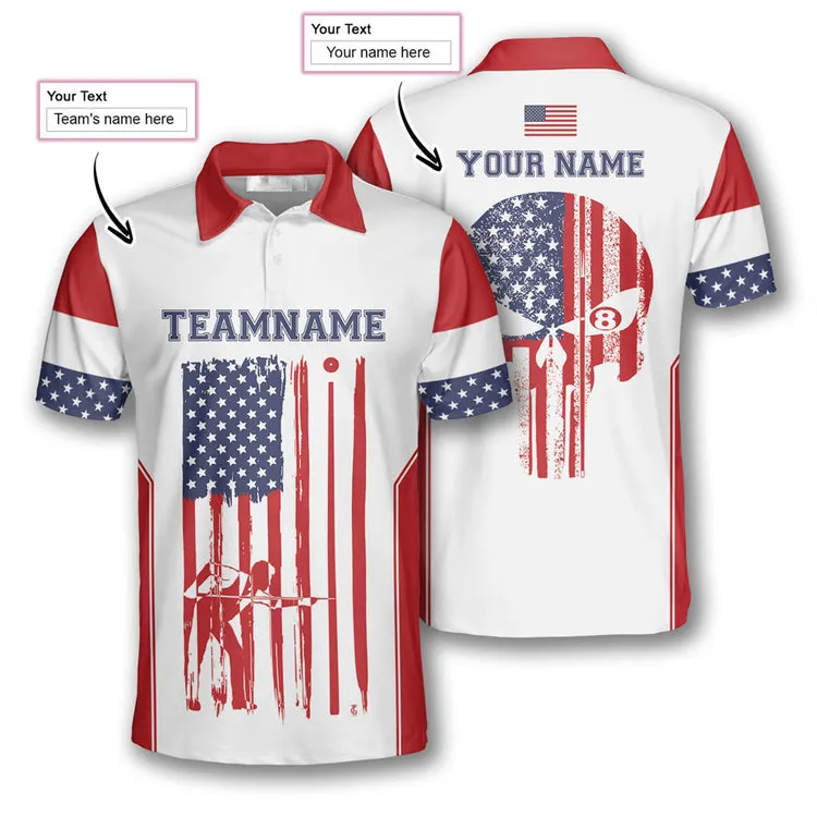 Billiard Patriotic Skull Flag White Custom Billiard Shirts for Men, Custom Billiard Shirts for Team, Men's Billiard Polo Shirts