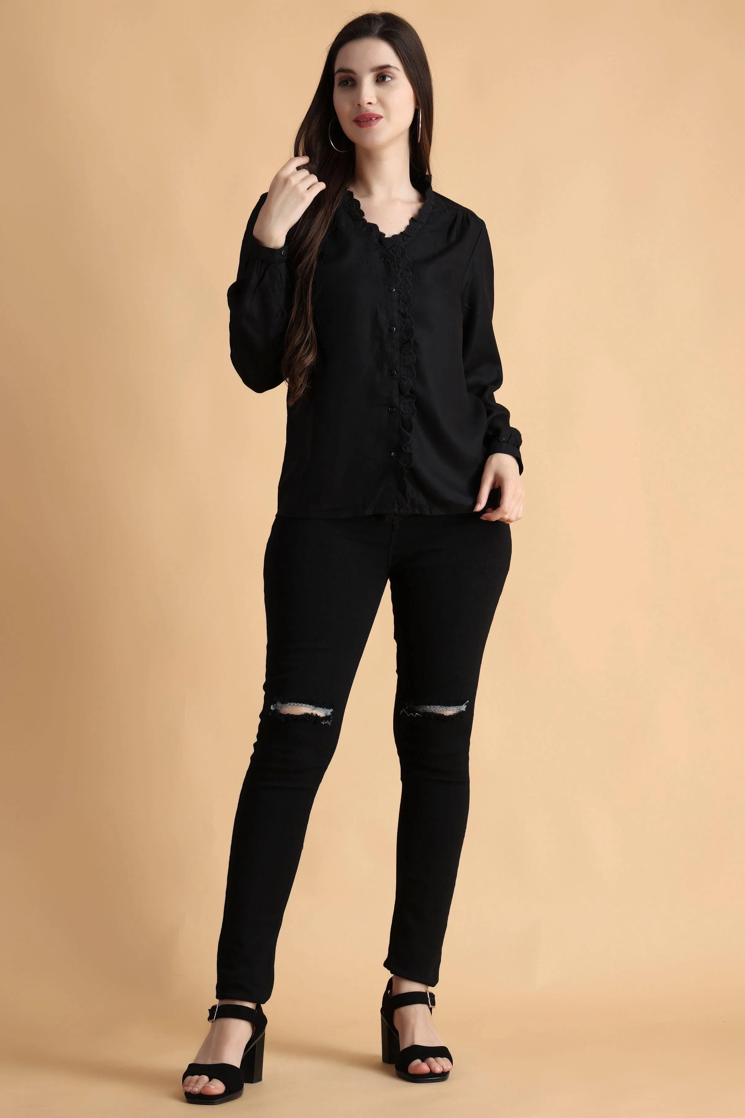 Black Solid Shirt with Lace Border