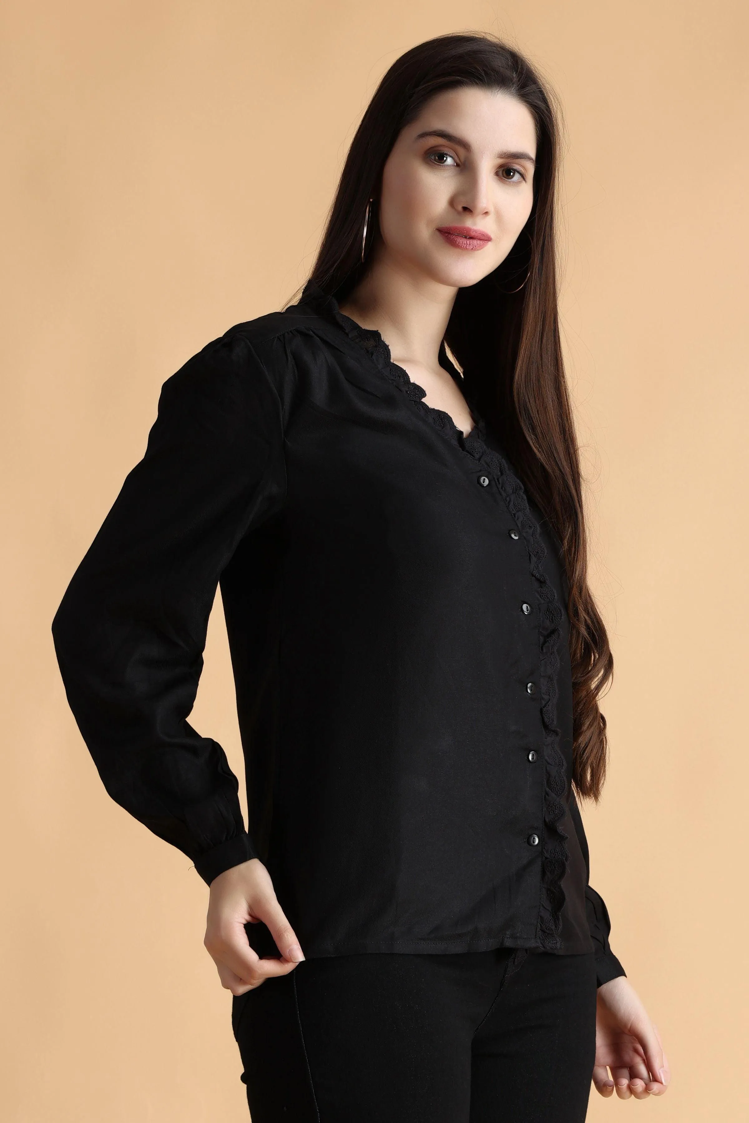 Black Solid Shirt with Lace Border