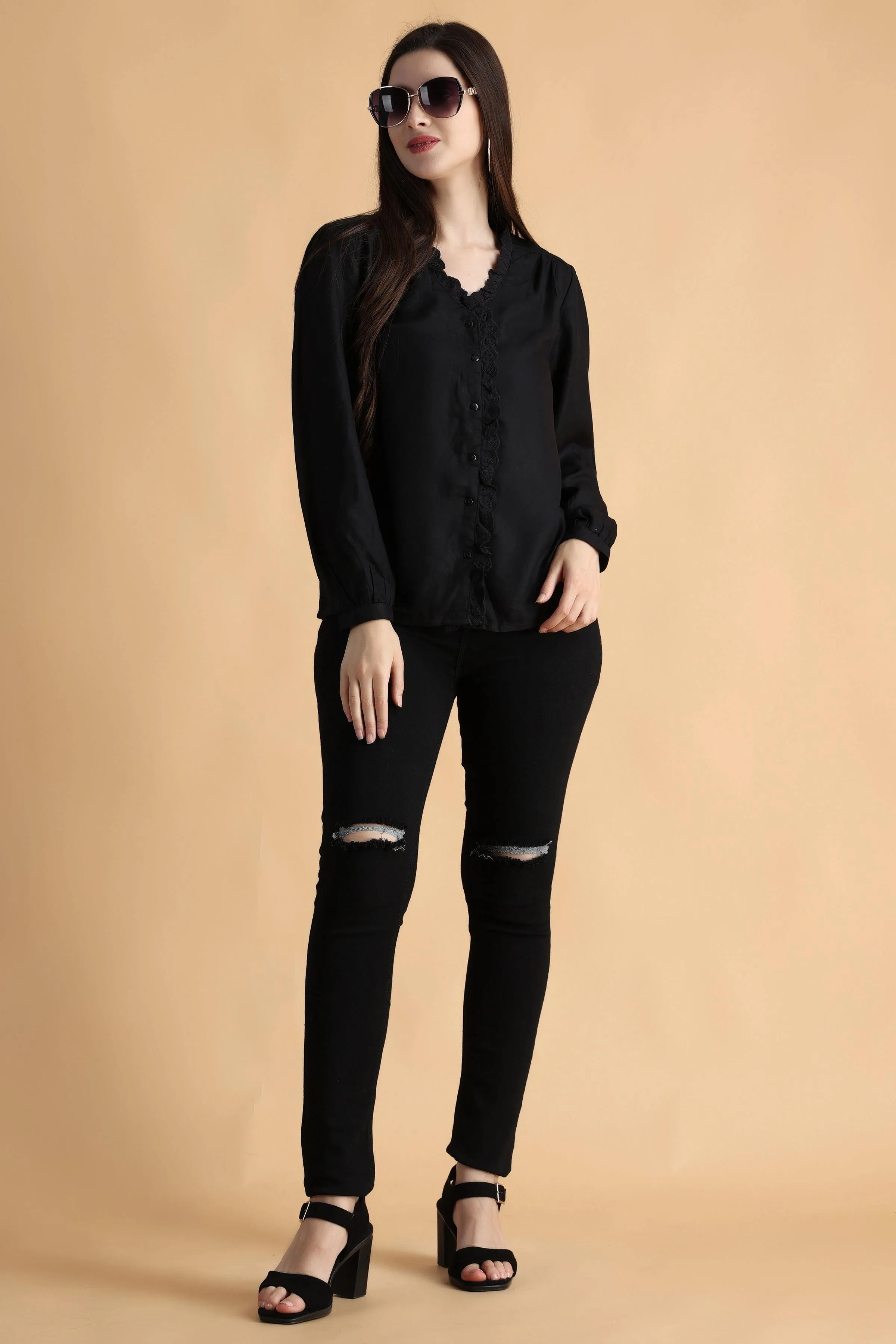 Black Solid Shirt with Lace Border