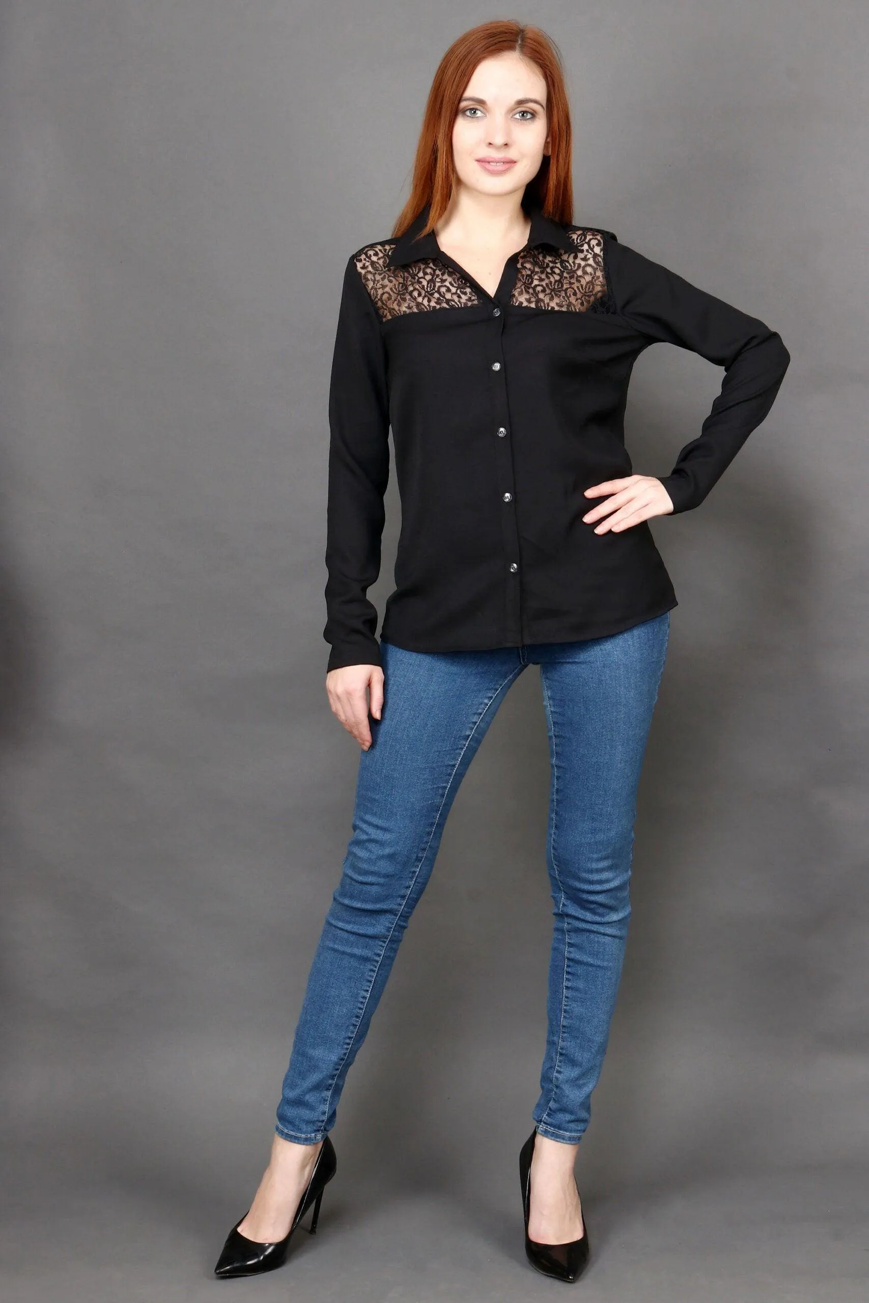 Black Solid Shirt with Net Front