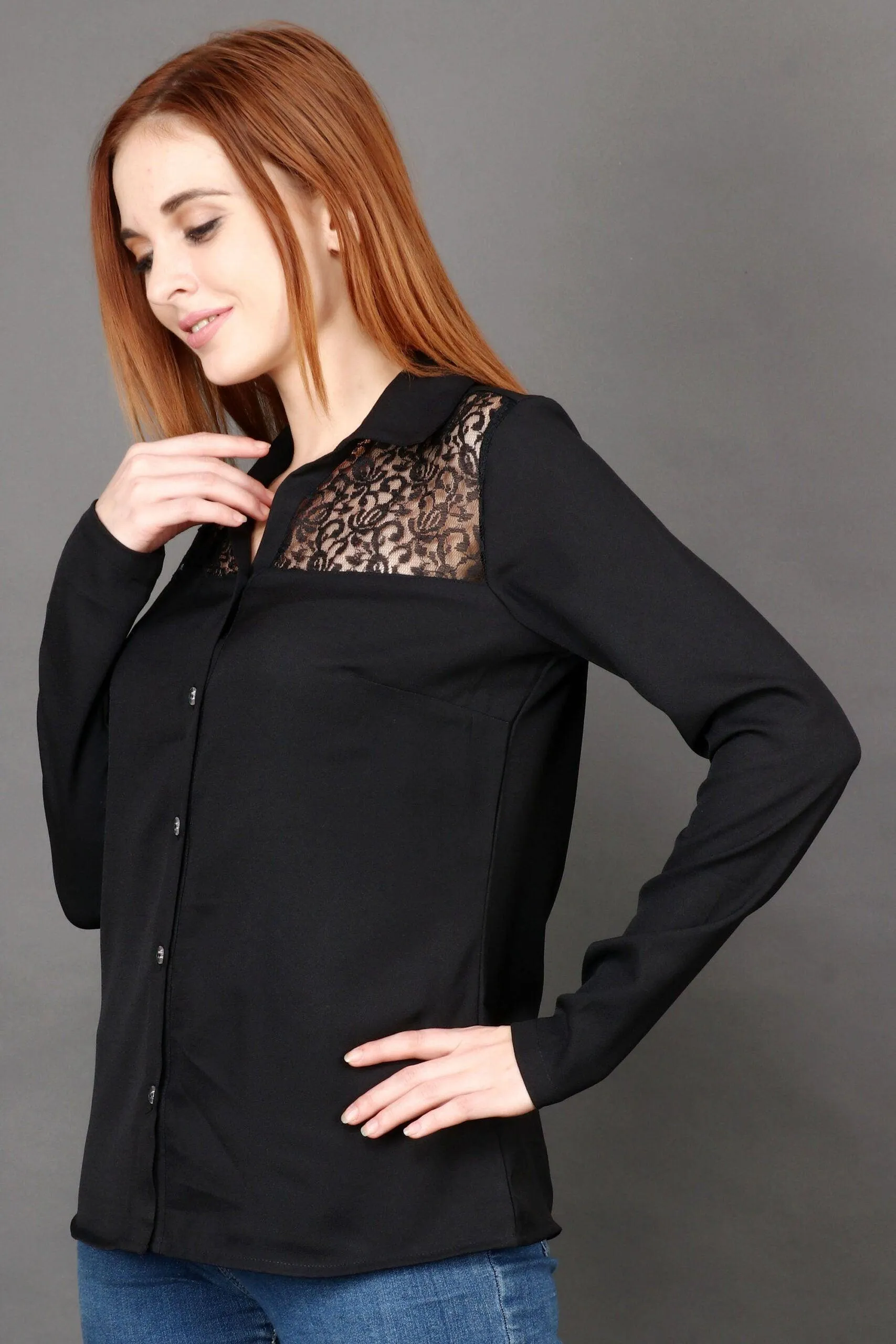 Black Solid Shirt with Net Front