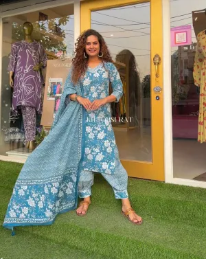 Blue Kurti with Afghani Pants and Dupatta Set