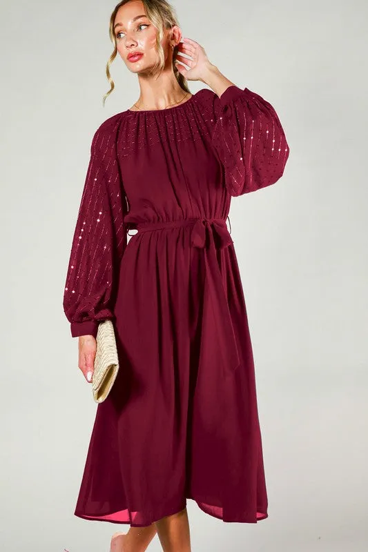 Burgundy Sequin Detail Tie Waist Midi Dress