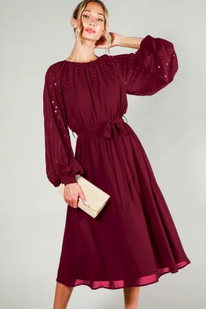 Burgundy Sequin Detail Tie Waist Midi Dress