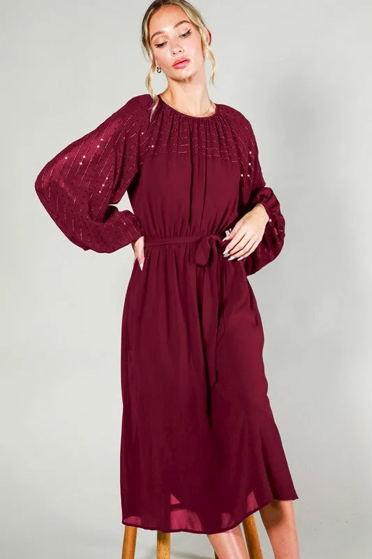 Burgundy Sequin Detail Tie Waist Midi Dress