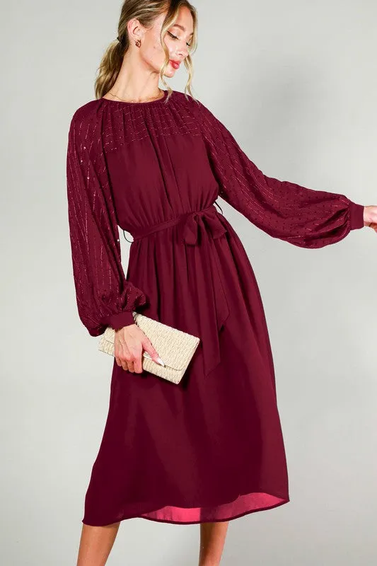 Burgundy Sequin Detail Tie Waist Midi Dress