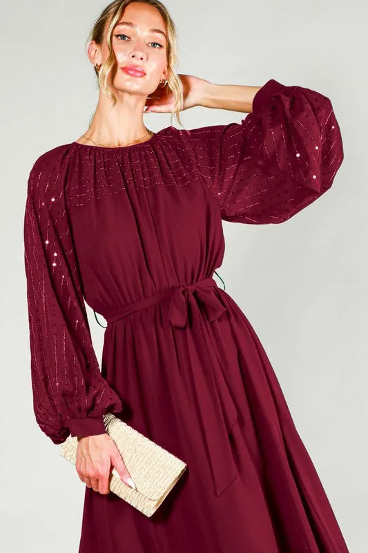 Burgundy Sequin Detail Tie Waist Midi Dress