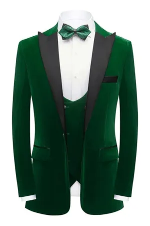 Chic Deep Green Three Pieces Velvet Prom Suits Peaked Lapel Slim Fit Blazers Pants