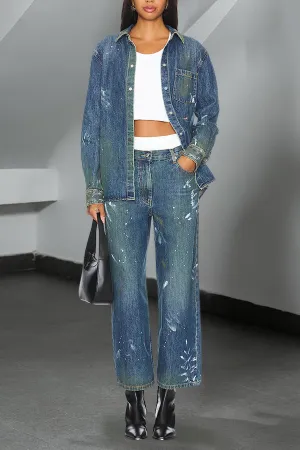 Chic Figure Graphic Denim Jacket & Pants Set