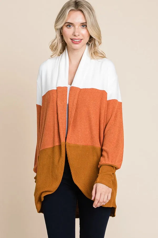 Color Block Ribbed Cocoon Cardigan in Cinnamon