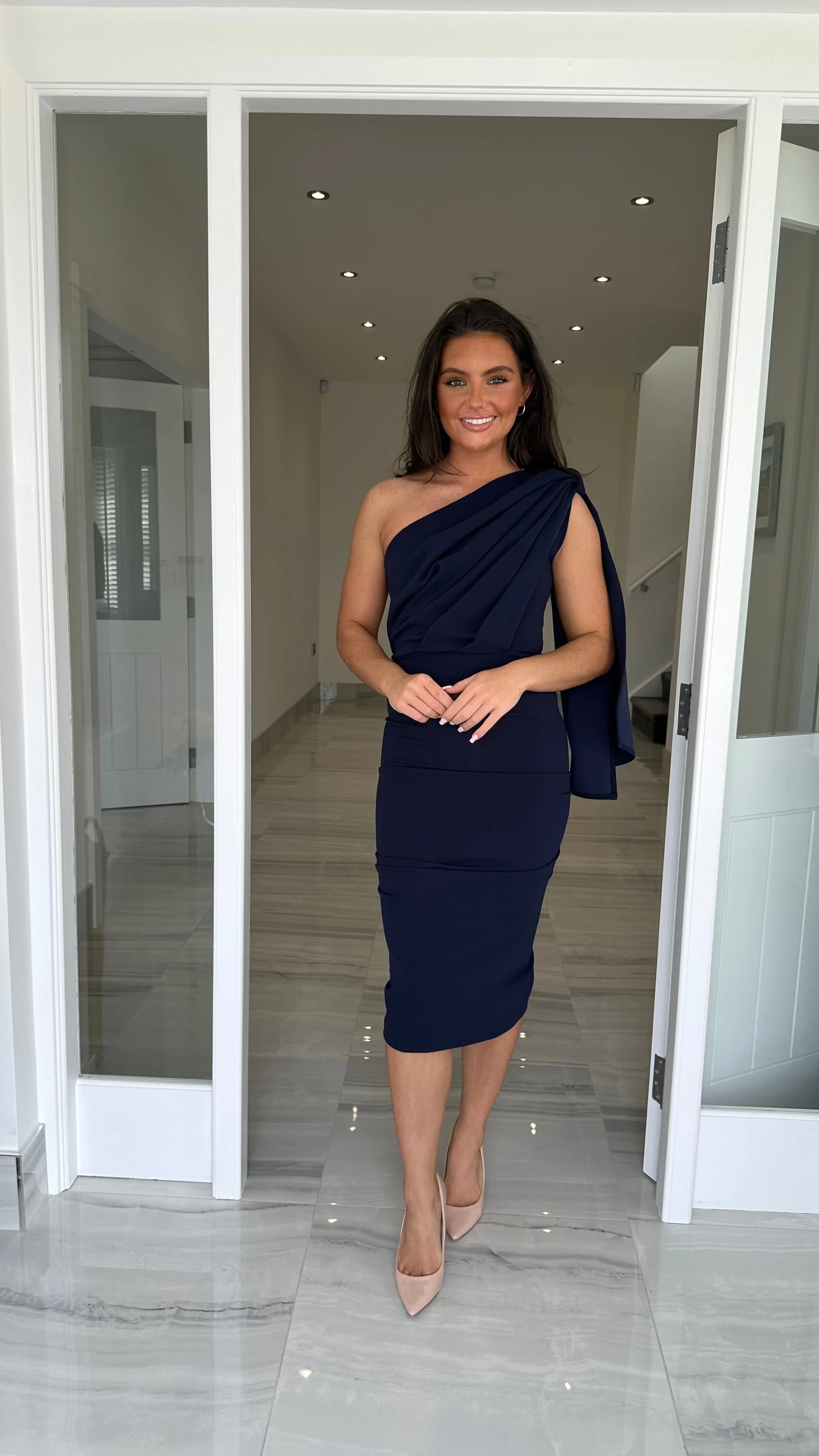 Drape One Shoulder Wedding Guest Dress In Navy Blue