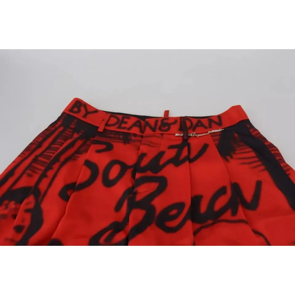 Dsquared² Red Printed High Waist Wide Leg Cropped Pants