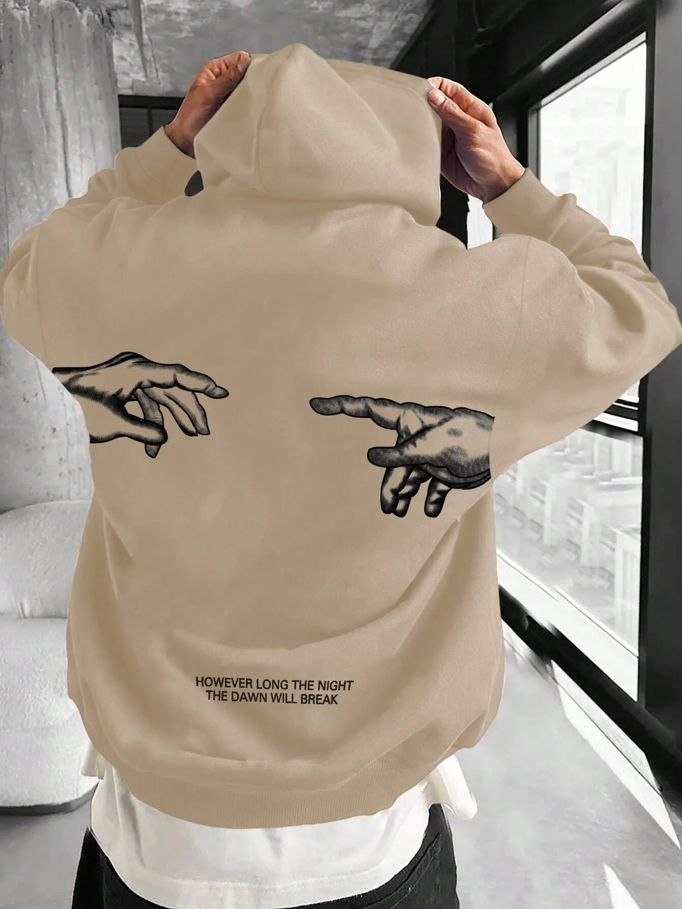 EMRG Men Slogan & Hand Graphic Drop Shoulder Drawstring Hoodie