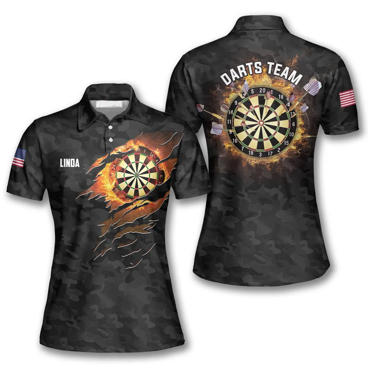 Fire Flame Black Camouflage Custom Dart Shirts for Women