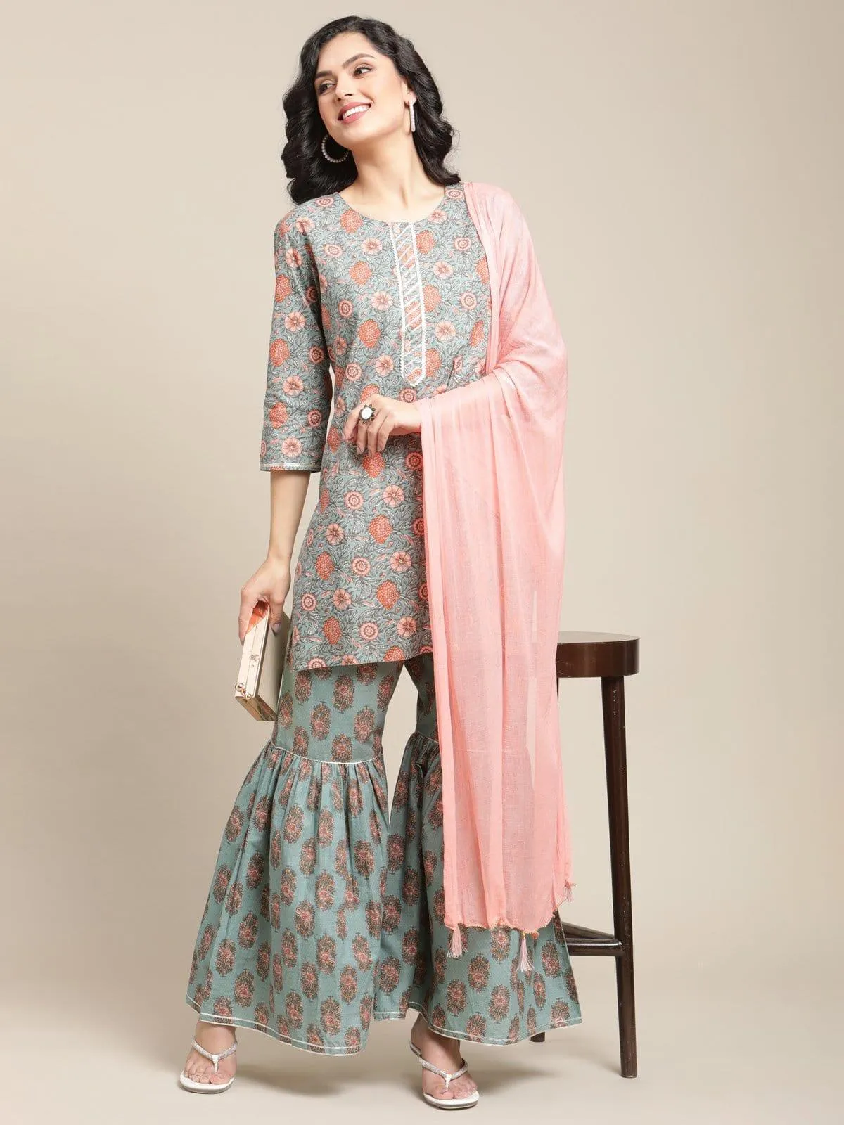 Floral Printed Kurta With Gota Highlighted Placket And Paired With Sharara And Solid Dupatta