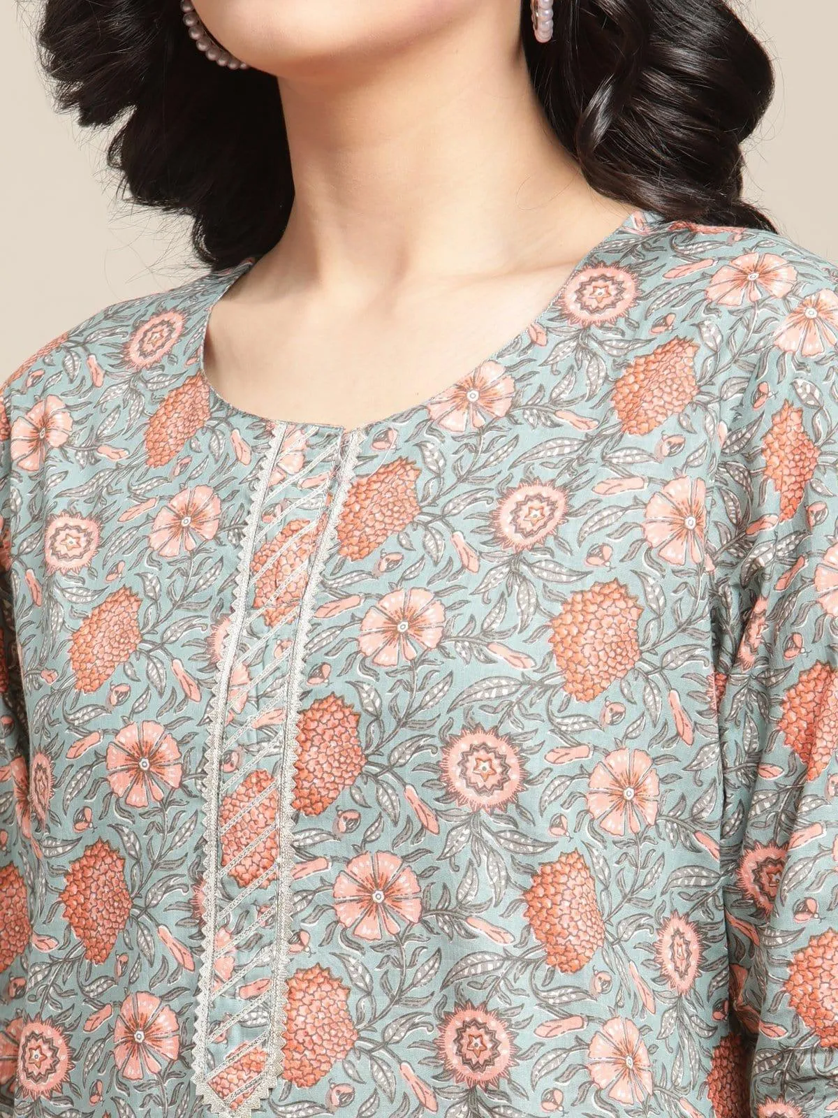 Floral Printed Kurta With Gota Highlighted Placket And Paired With Sharara And Solid Dupatta