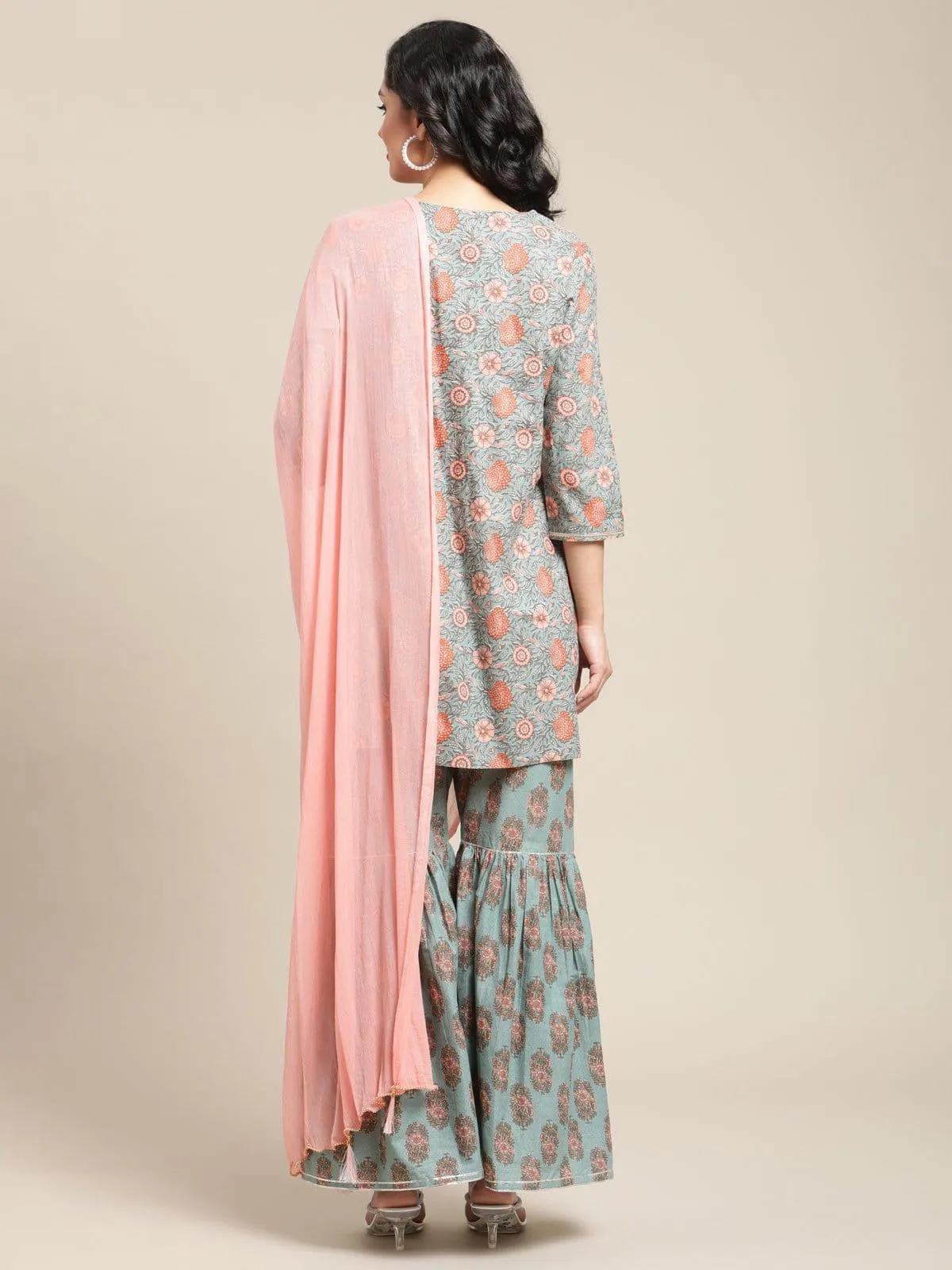 Floral Printed Kurta With Gota Highlighted Placket And Paired With Sharara And Solid Dupatta