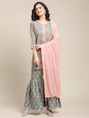 Floral Printed Kurta With Gota Highlighted Placket And Paired With Sharara And Solid Dupatta