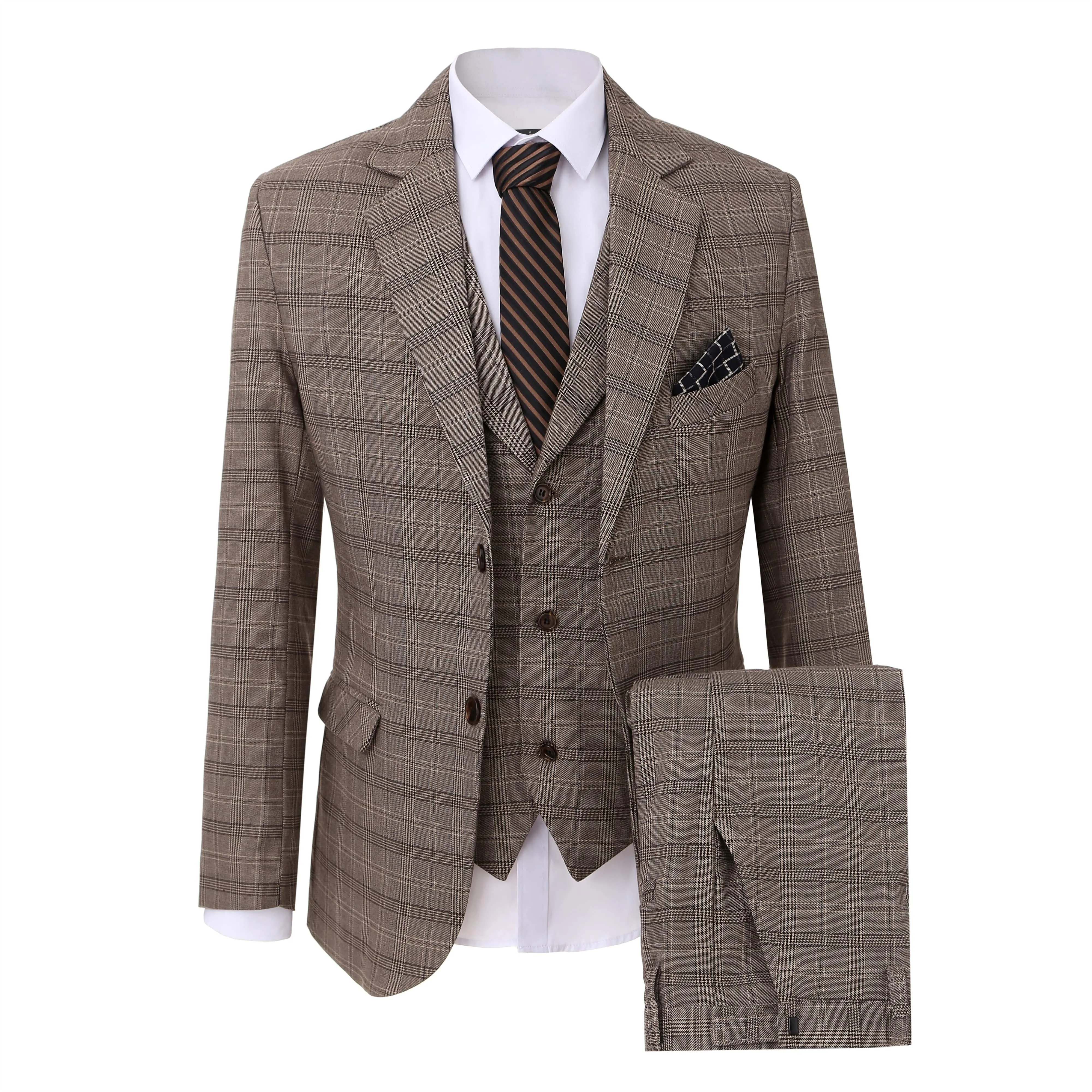 Formal Men's Fashion 3 Pieces Tweed Plaid Notch Lapel Suit Men for Wedding Or Party(Blazer vest Pants)