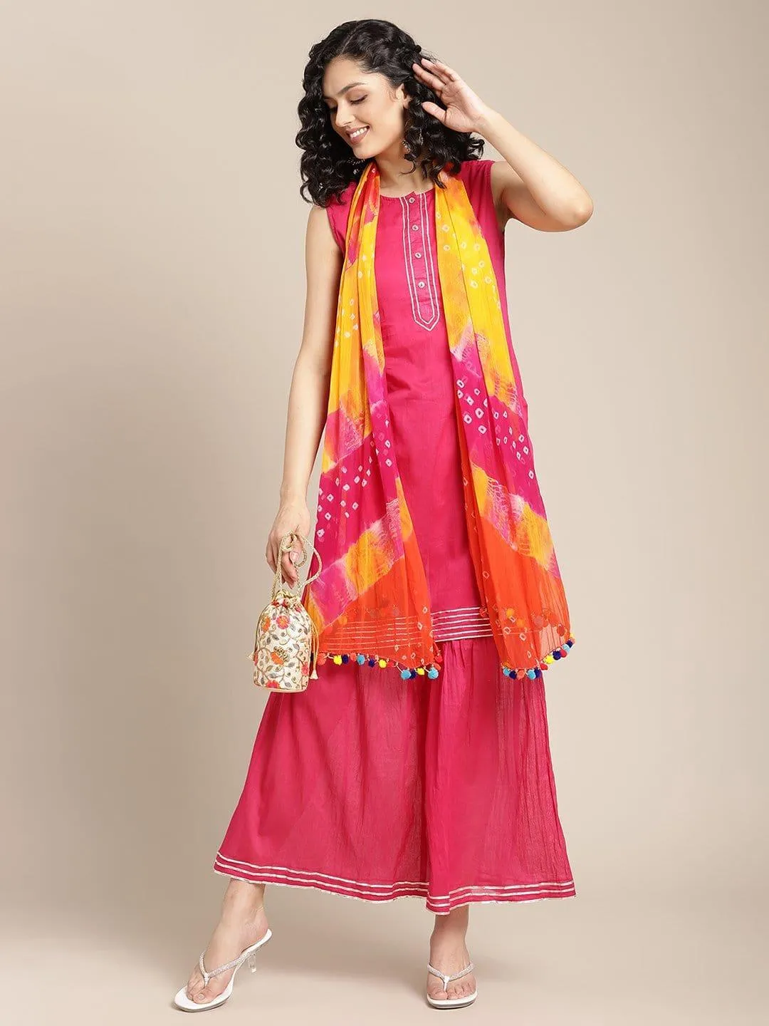 Fuchsia Gota Embellished Kurta With Gota Work Palazzo And Bandhej Dupatta