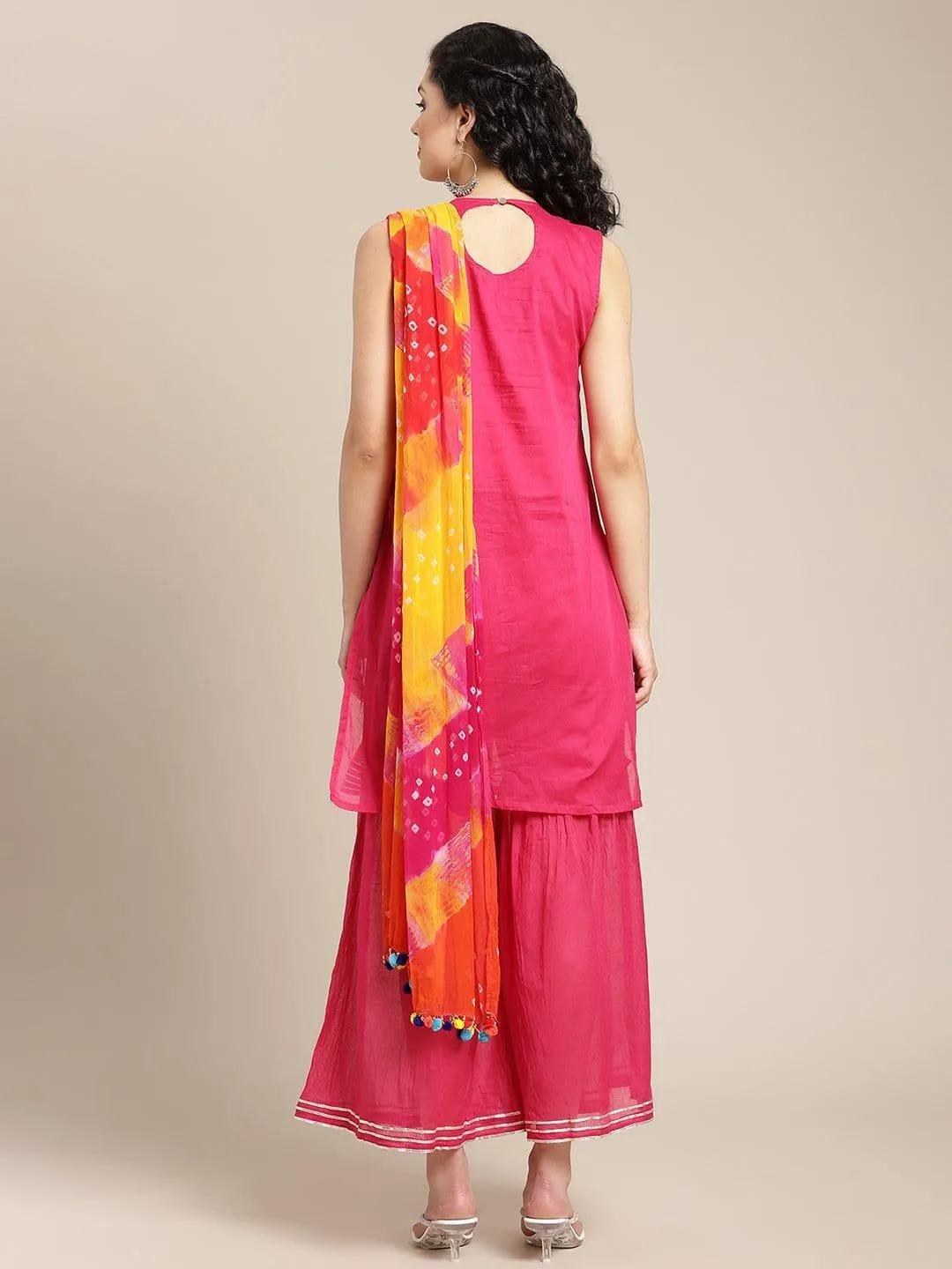 Fuchsia Gota Embellished Kurta With Gota Work Palazzo And Bandhej Dupatta