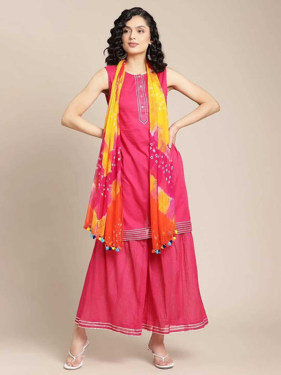 Fuchsia Gota Embellished Kurta With Gota Work Palazzo And Bandhej Dupatta