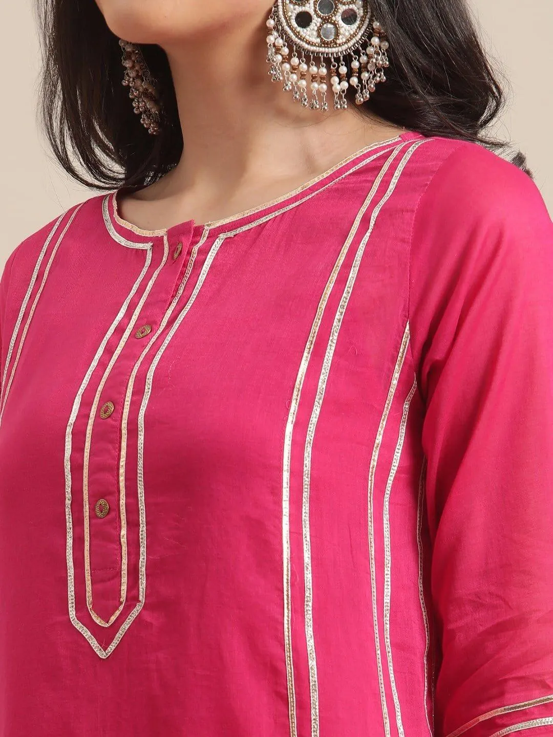 Fuchsia Gota Embellished Kurta With Off White Gota Embellished Palazzo