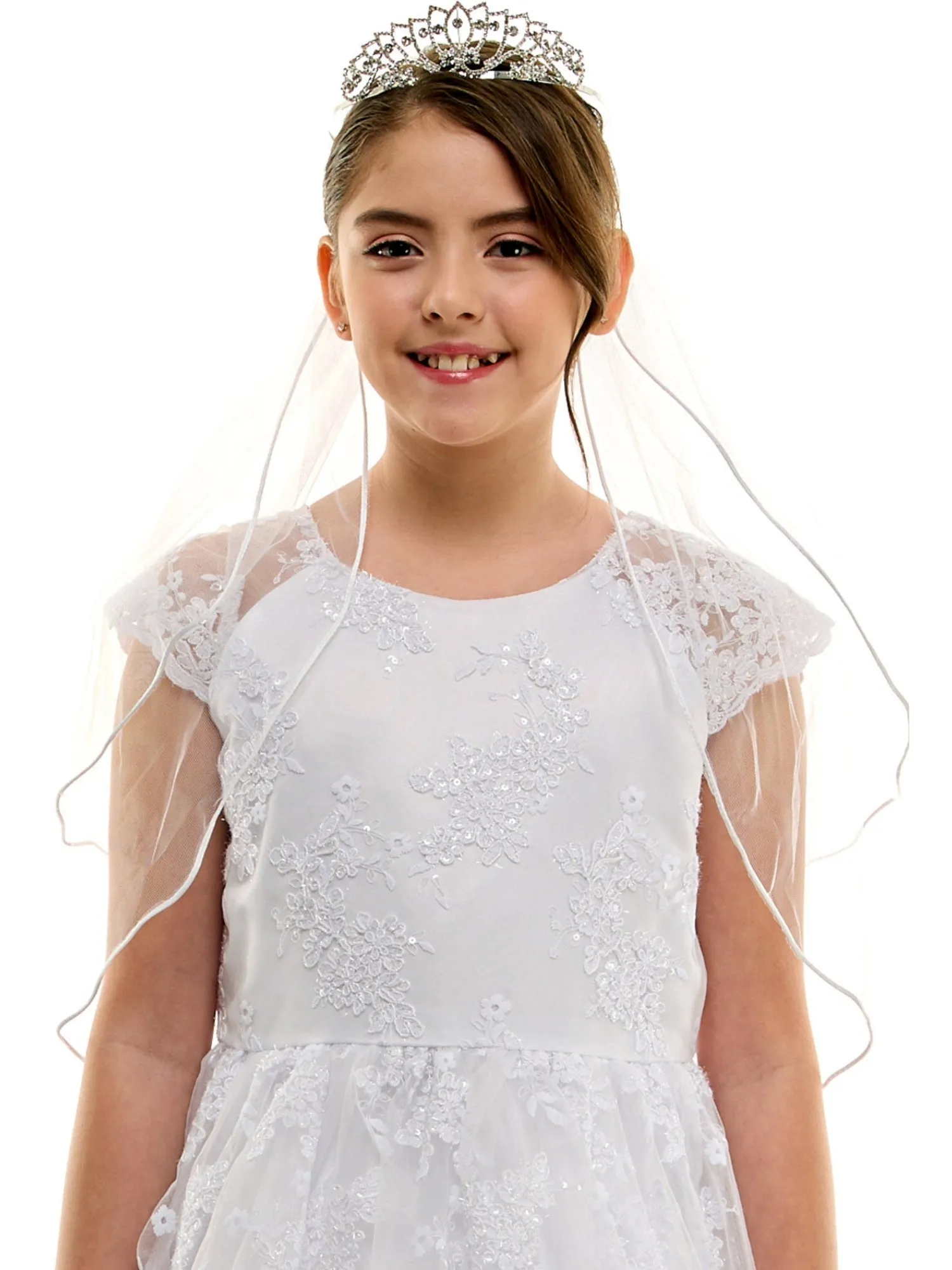 Girls White Embroidered Overlay Cap Sleeve First Communion Dress, Sizes 2-20