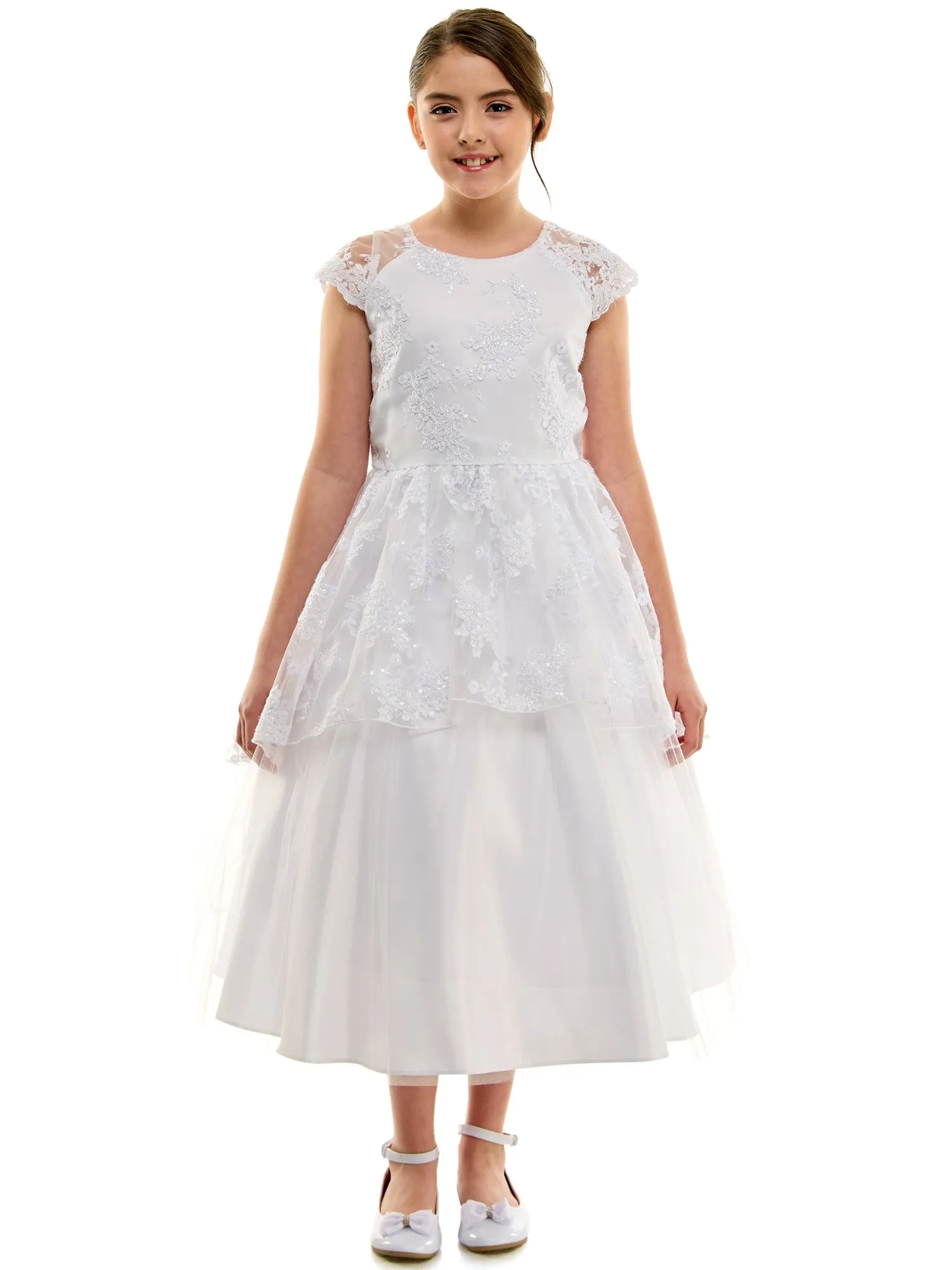 Girls White Embroidered Overlay Cap Sleeve First Communion Dress, Sizes 2-20