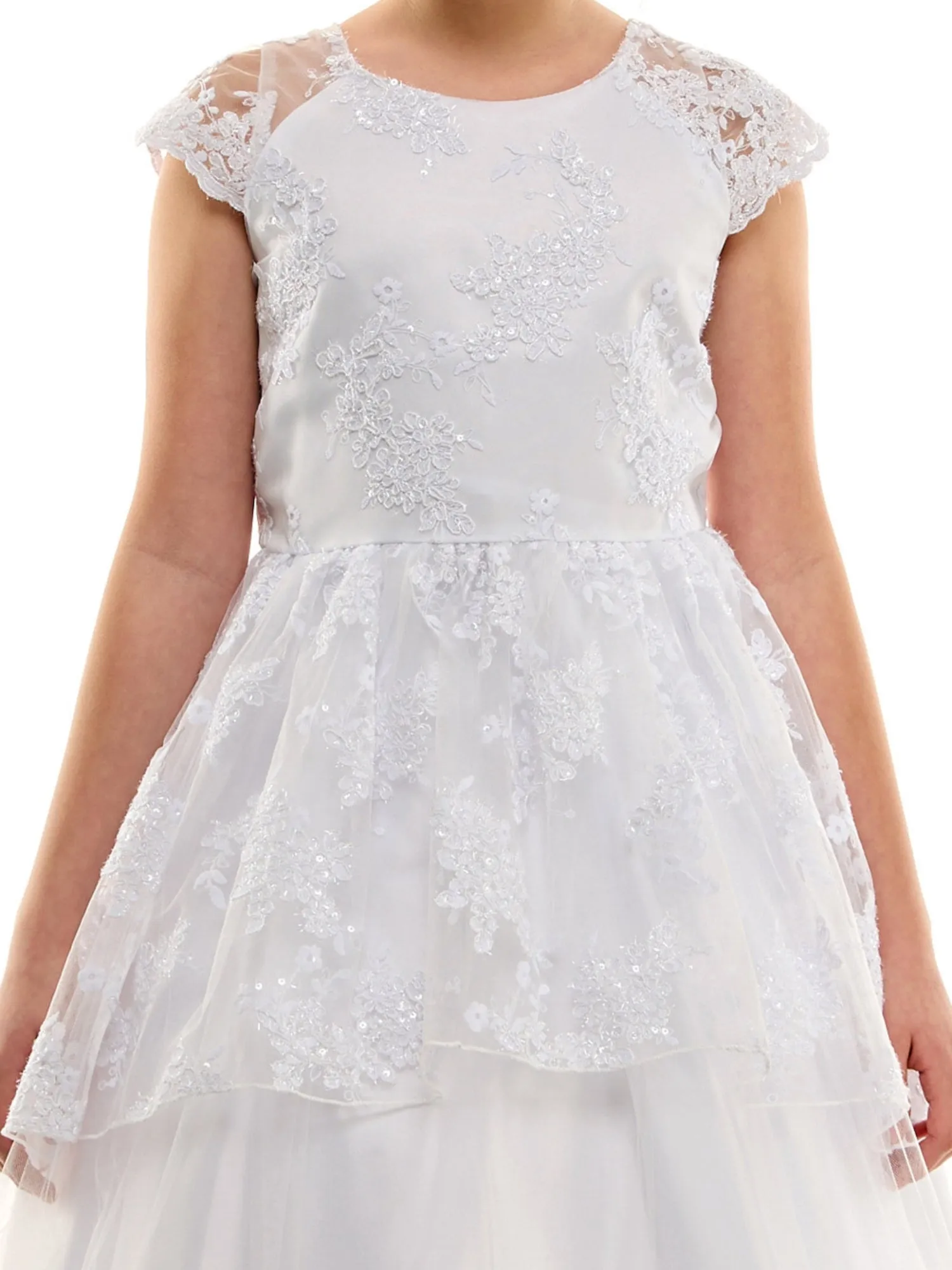 Girls White Embroidered Overlay Cap Sleeve First Communion Dress, Sizes 2-20