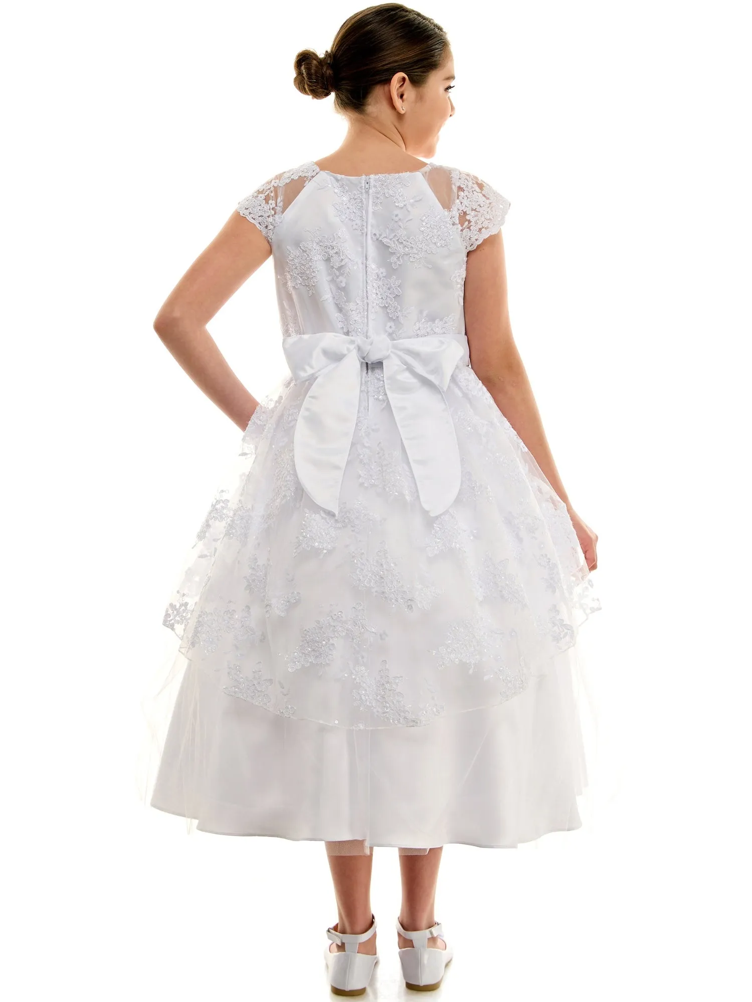 Girls White Embroidered Overlay Cap Sleeve First Communion Dress, Sizes 2-20