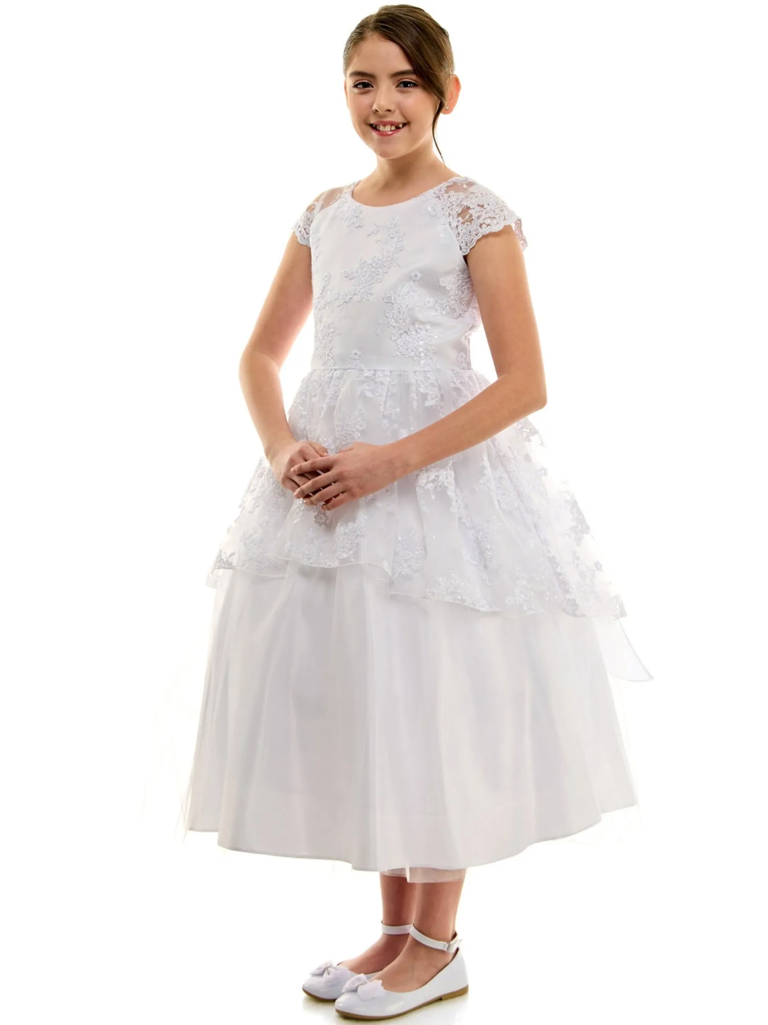 Girls White Embroidered Overlay Cap Sleeve First Communion Dress, Sizes 2-20