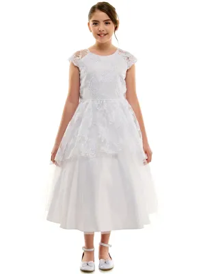 Girls White Embroidered Overlay Cap Sleeve First Communion Dress, Sizes 2-20