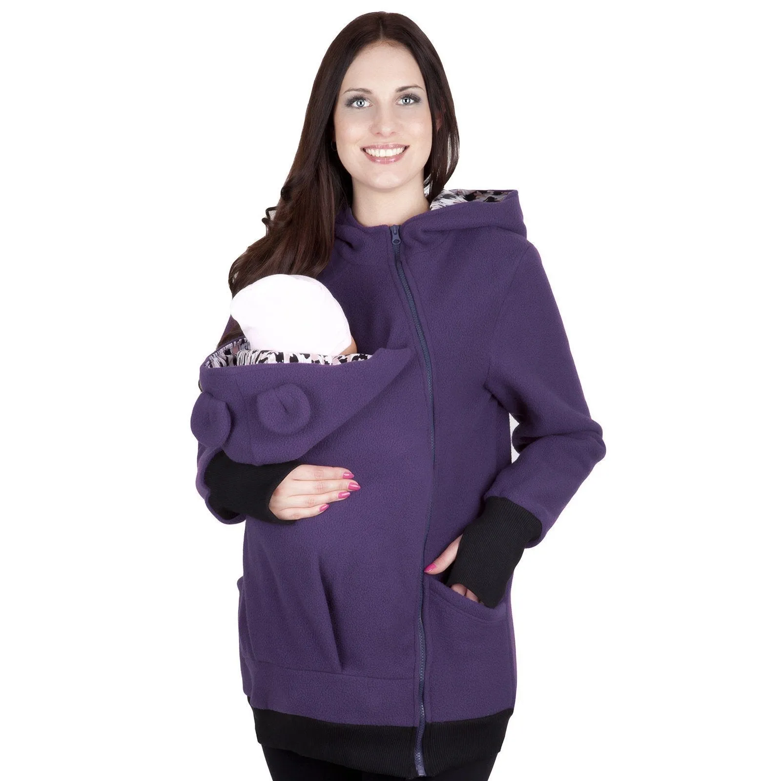 Kangaroo Baby Wear Warm Zipper Long Coat Jacket Hoodie for Mom