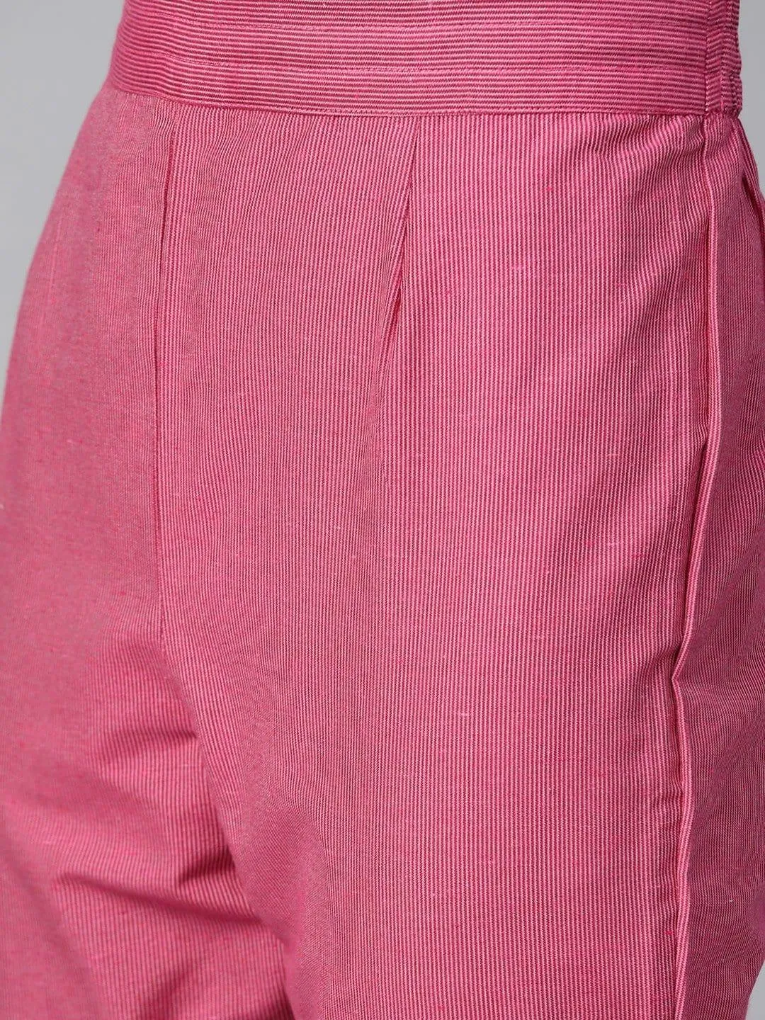 KSUT Grey And Pink Stripe Woven 3/4Th Sleeves Kurta  With Slip On Trouser With Pink Silk Dupatta