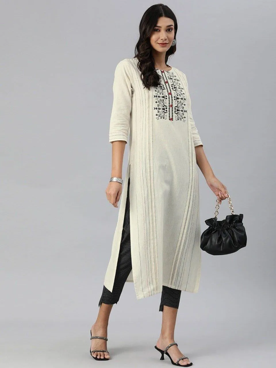 KSUT Women Cream-Coloured & Black Embroidered Kurta with Trousers