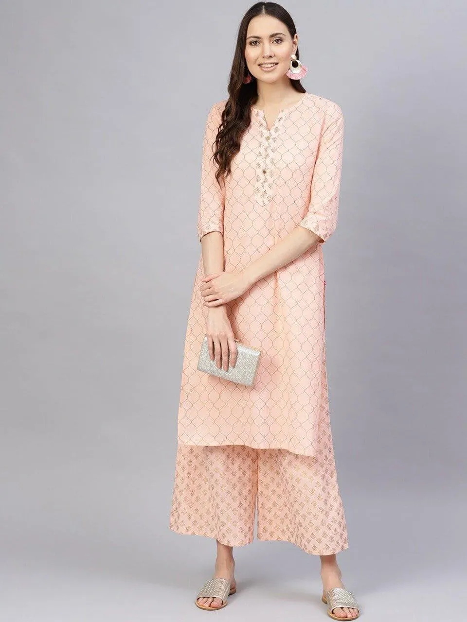 KSUT Women Peach-Coloured Printed Kurta with Palazzos