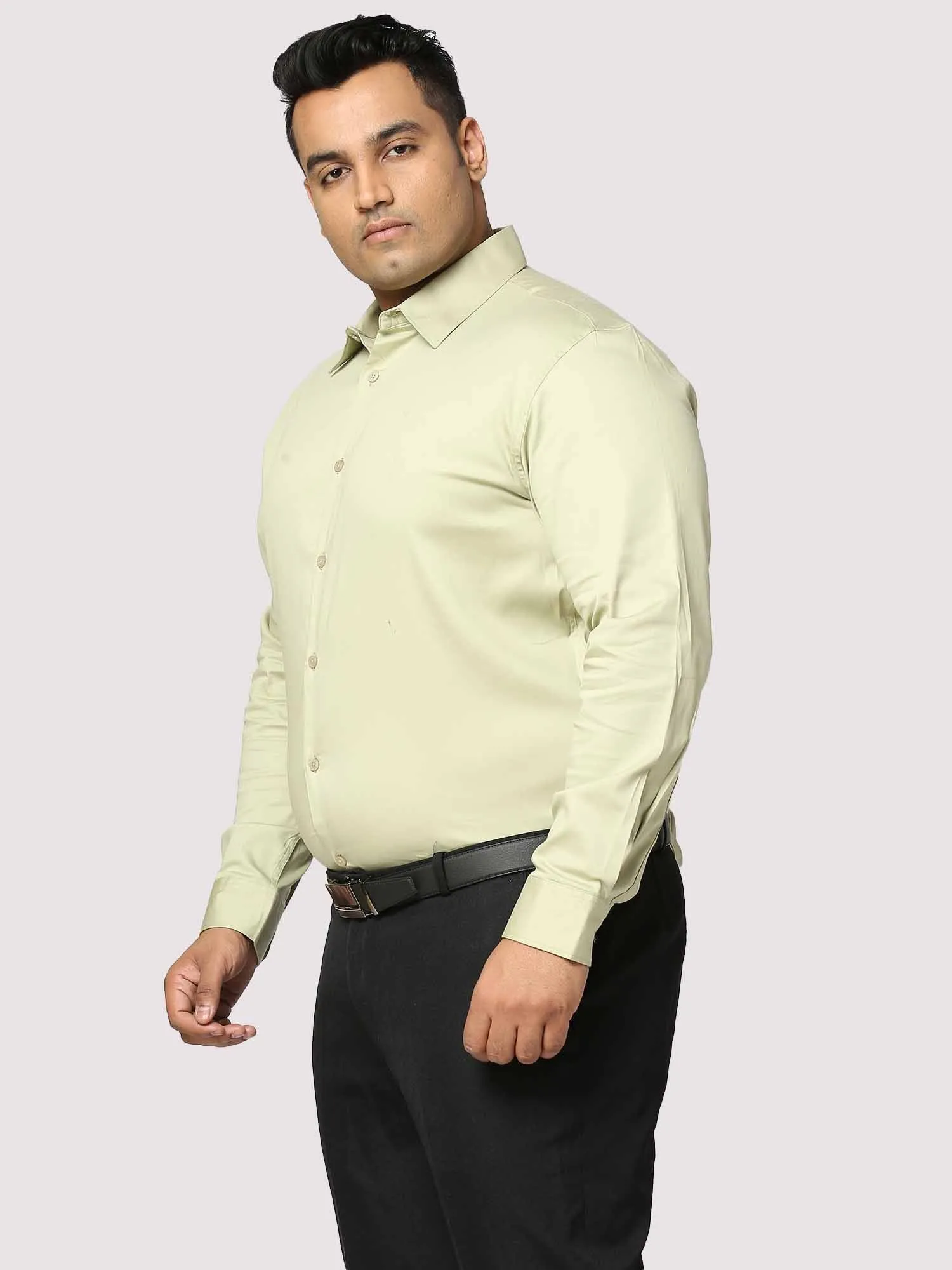 Light Green Solid Stretchable Cotton Shirt Men's Plus Size