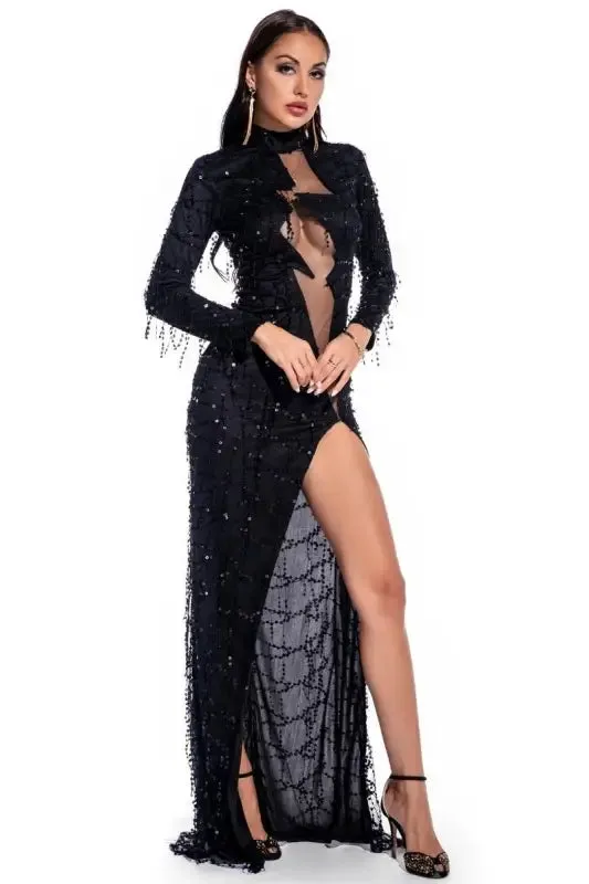 Mesh Lightening Bolt Sequin Fringe Floor Length Dress