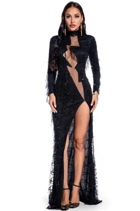 Mesh Lightening Bolt Sequin Fringe Floor Length Dress