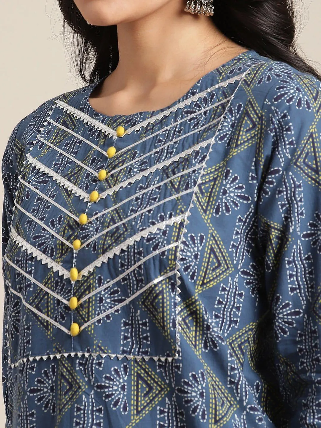 Navy Blue Printed Gota Embellished Kurta With Mustard Crushed Organza Embellished Palazzo