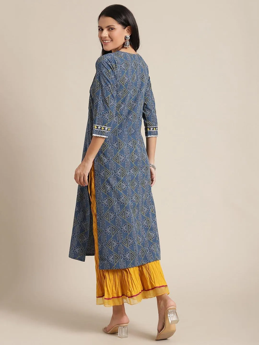 Navy Blue Printed Gota Embellished Kurta With Mustard Crushed Organza Embellished Palazzo