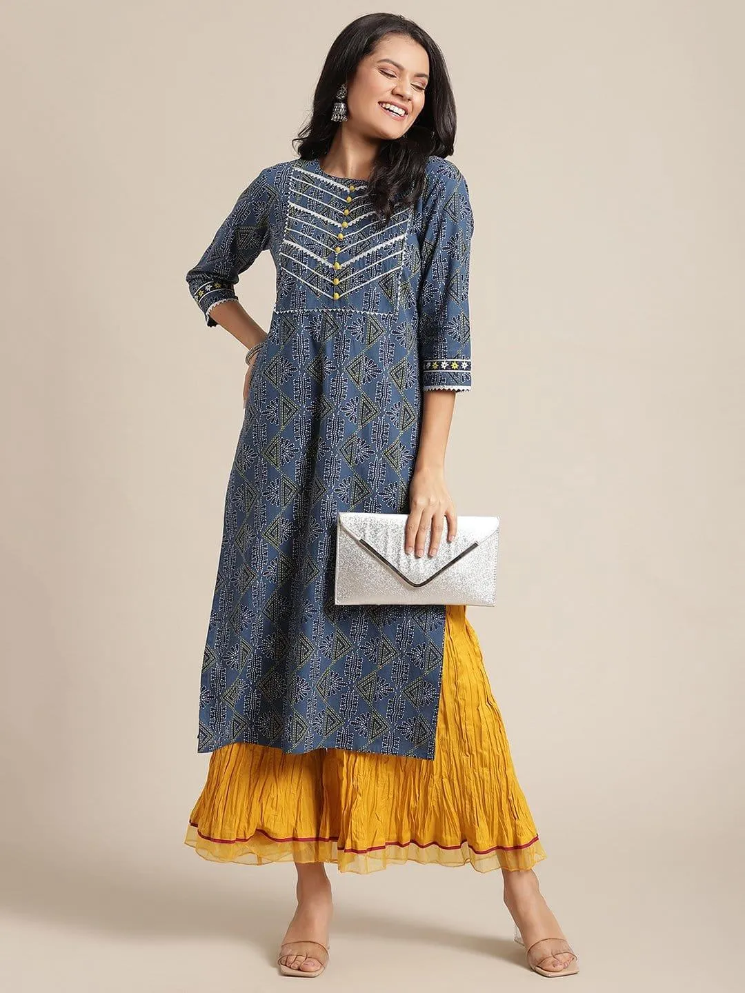 Navy Blue Printed Gota Embellished Kurta With Mustard Crushed Organza Embellished Palazzo